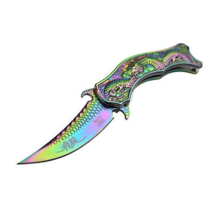 Iridescent Rainbow Flying Dragon Assisted Opening Folding Pocket Knife ...