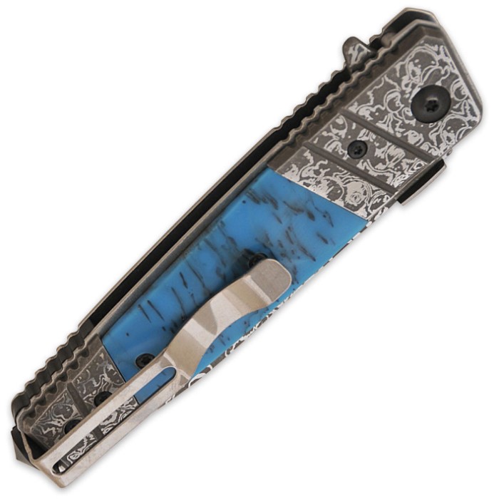 Turquoise & Damascus Pattern Tanto Blade Folding Pocket Knife Knives & Swords At
