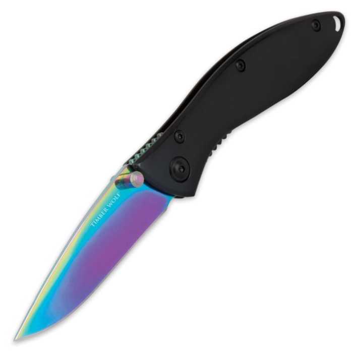 Timber Wolf TiCoated Rainbow Folding Pocket Knife with Black Handle