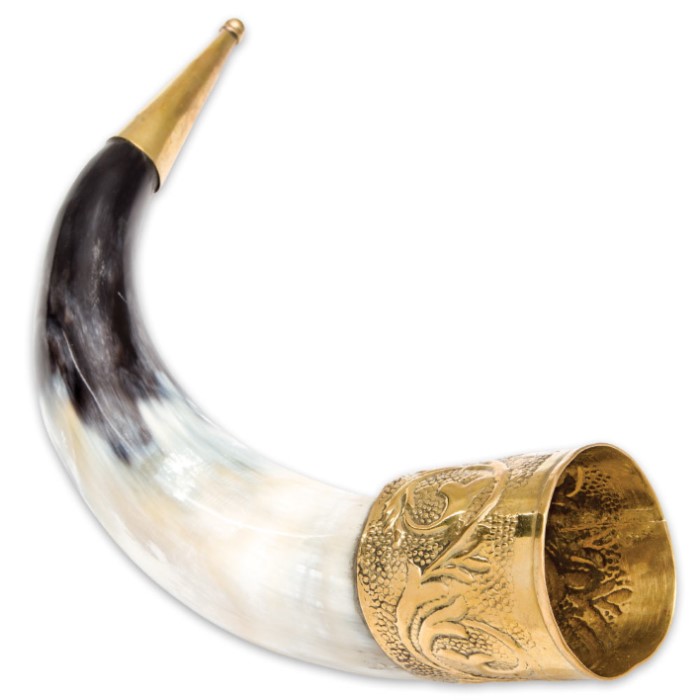 Viking Chieftain AllNatural Drinking Horn with Hammered Brass Trim