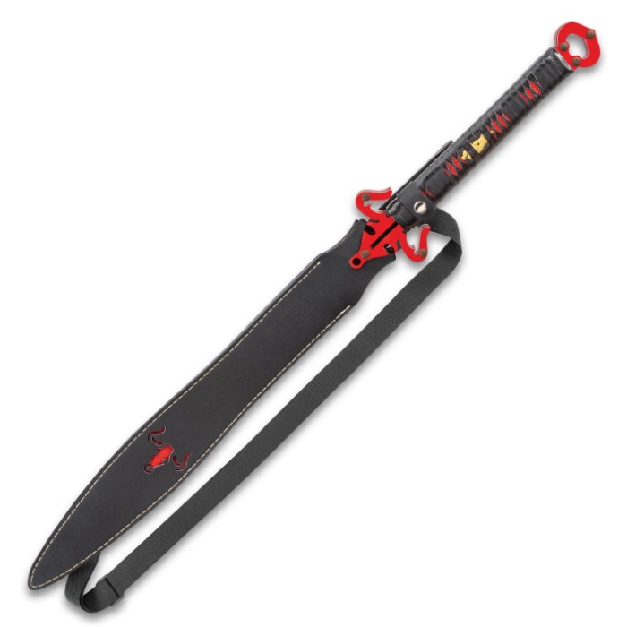 Crimson Fighting Bull Sword And Sheath Spring Steel Blade, Leather