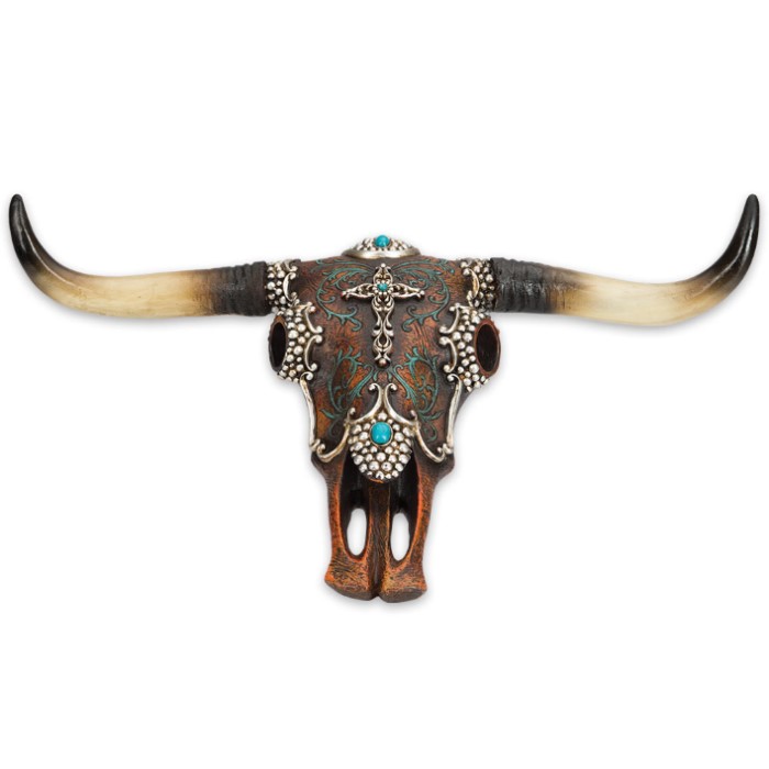 Leather Wrapped Longhorn Bull Skull with Ornamental Accents - Resin ...