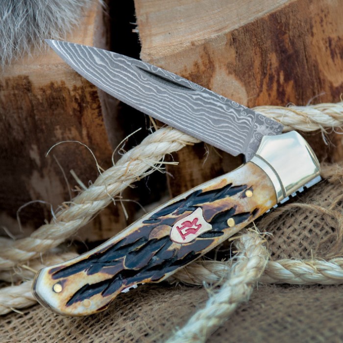 Kissing Crane Damascus / FileWorked Burnt Bone Pocket Knife Kennesaw