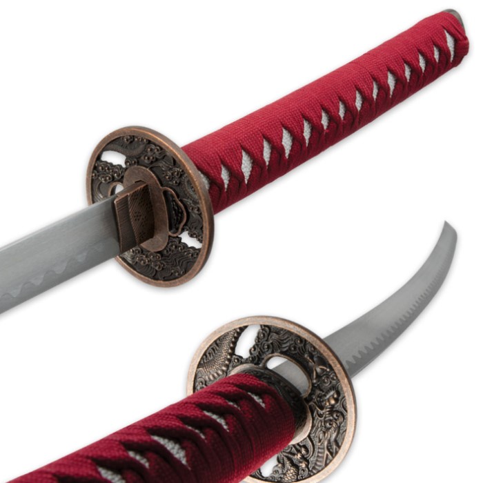 Maroon Katana with Gold Flying Dragon Scabbard | BUDK.com - Knives ...