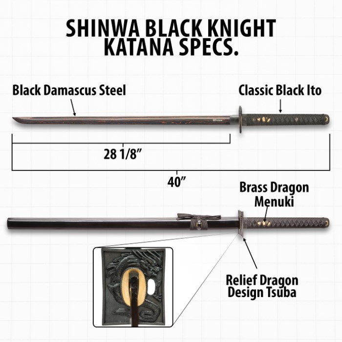 Shinwa Black Knight Handmade Katana Samurai Sword Hand Forged Black Damascus Steel Razor 3758