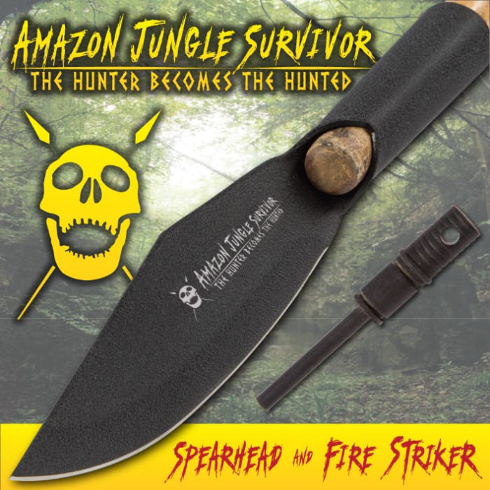 Amazon Jungle Survivor Spearhead with Fire Starter and Nylon Sheath 1045 High Carbon Steel